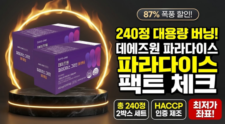[대용량 버닝 보조제 추천] 데이즈원 파라다이스 그레인 99 버닝 240정 솔직 후기: 2박스 4개월분 성분 분석과 2700개 실구매 평점·87% 폭풍 할인 최저가 비교